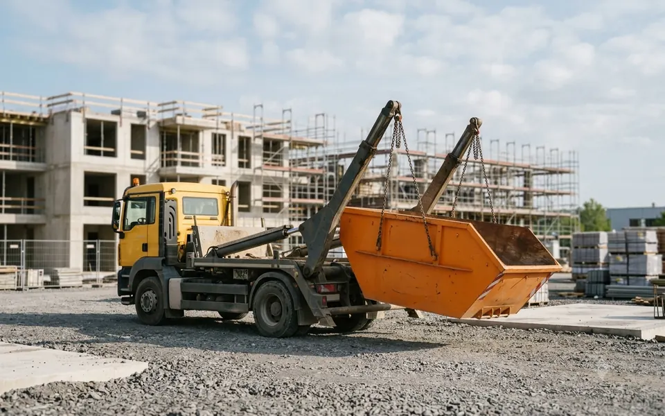 Containerdienst: Absetzkipper setzt einen orangefarbenen Container auf einer Baustelle ab